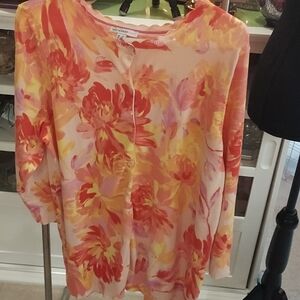 Isaac Mizrahi Live! Pink Orange Watercolor Floral Printed Cardigan Sweater
